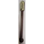 19th century mahogany stick barometer with ivory type back plate, 90 cm long