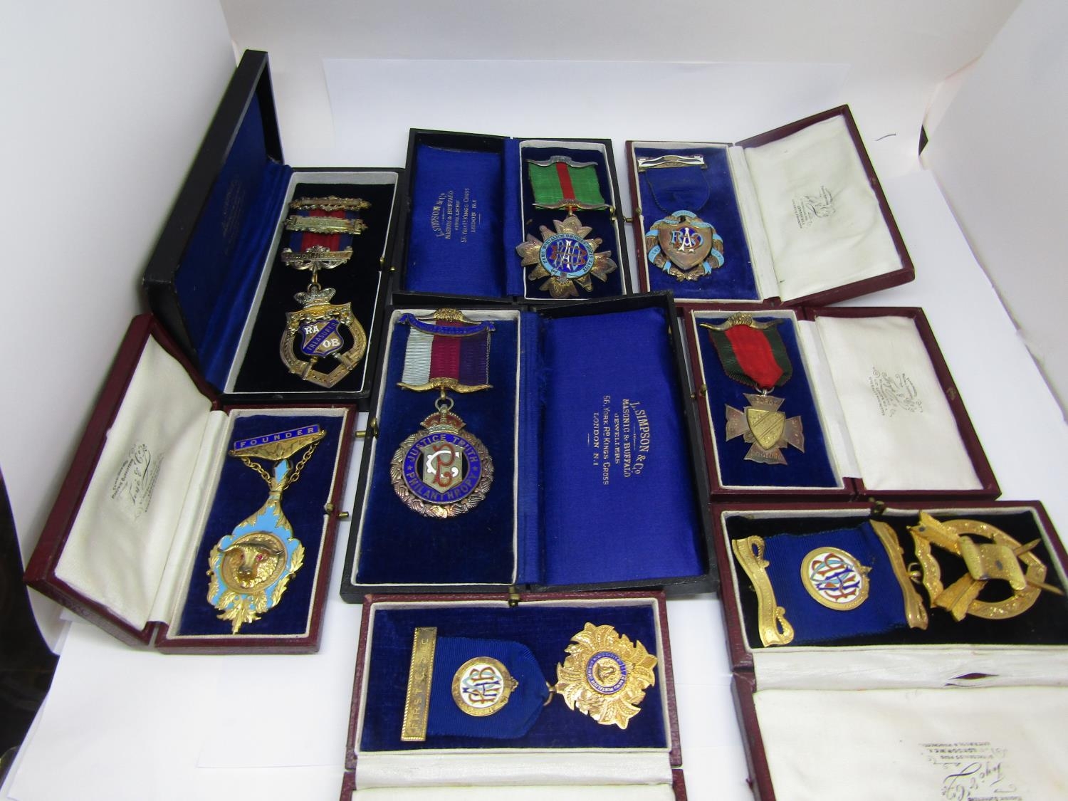 Eight cased silver Royal Antediluvian Order of Buffaloes medals, presented to Sir Augustus George