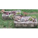 A pair of reclaimed shallow garden troughs of rectangular form containing succulents, approx 60 cm