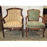 A French style drawing room chair with carved and moulded show wood frame and upholstered finish