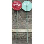 Two simple home made wooden lollipop stop/go signs with painted finish (AF)