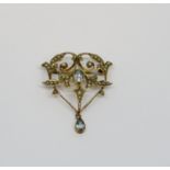 Art Nouveau 9ct aquamarine and seed pearl brooch / pendant, 3.6cm L approx, 3.6g