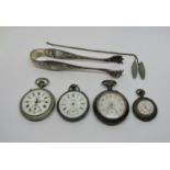 A mixed lot comprising four continental pocket watches (AF), a pair of continental silver sugar