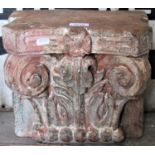 A carved hardwood architectural capital with scroll, acanthus and distressed polychrome