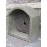A natural stone D end trough with central drainage hole, approx 60cm wide x 58cm deep x 27cm high