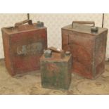 Three vintage petrol cans two Shell, the other Esso (complete with brass screw caps)