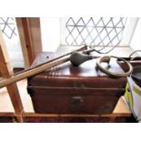 Mixed lot to include a tin trunk, pitch fork, brass horn, car horn and vintage massage tool