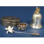 Mixed collection of bijouterie silver to include a silver tooth fairy bell mounted by a silver