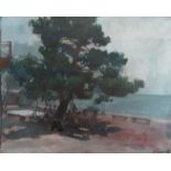 Early 20th century continental school - Coastal view probably South of France, figures at a table in