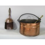 Planished copper log bin together with a further coal scoop and brass fire iron (3)