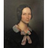 Mid-19th century British school - Bust length portrait of a lady in black dress with white and red