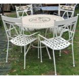 A contemporary cream painted tubular steel framed five piece garden terrace suite comprising table