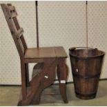 A Victorian oak metamorphic library chair, together with a Chinese well bucket with steel banded