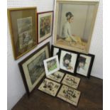 A collection of pictures and prints including a late 19th century oriental coloured wood block
