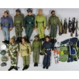 9 vintage Action Men, all in military uniform, 6 have gripping hands (of which 2 have damage to