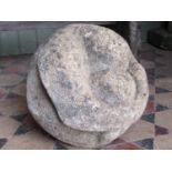 A reclaimed garden ornament/sculpture of a figure curled up into a ball 36 cm in diameter approx