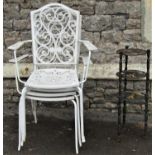 A set of four cream painted tubular steel framed and moulded plastic overlaid garden open armchairs,