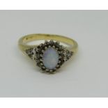 9ct opal and diamond cluster ring, size K, 3g