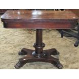 A 19th century rosewood veneered foldover top card table of rectangular form with rounded front