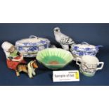 A collection of ceramics including a pair of 19th century continental bisque figures of seated Dutch