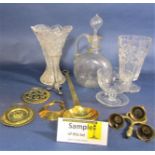A collection of various cut glass and brassware to include a waisted cut glass vase, trifle bowl,