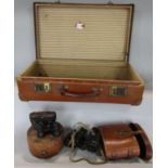 A mixed lot to include a vintage leather suitcase, vintage pair of binoculars, collar box and