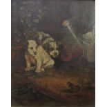 Late 19th century school, humorous study of puppies and a frog in a garden scene beside a watering