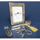 A mixed collection of silver comprising a silver framed Arthur Price of England easel clock, three