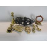 Collection of mainly brass door furniture to include a Shakespeare knocker, an imp knocker, a