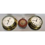 Sestrel brass bulk head movement together with a further bulkhead barometer and a leather cased tape