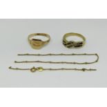 Group of 9ct jewellery; signet ring, dress ring set with white stones (several stones vacant) and