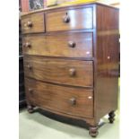 A Victorian mahogany bowfronted chest of three long and two short drawers on turned supports,