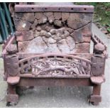 A reclaimed cast iron fire basket of rectangular form with portcullis, rampant lion, shield and