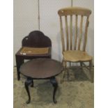 An unusual stripped Windsor elm and beechwood low lathe back chair together with a small stained and