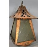 Arts and crafts planished copper lantern, with cast maiden heads, etc, 45cm high