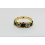 Five stone ring, set with diamonds 0.25cts each approx and chrysoprase stones, gold marks worn, size