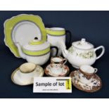 A collection of Foley china tea wares with yellow and black border decoration including teapot, milk