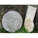 A circular marble garden table top, 76cm diameter x 3cm thick, together with two others of varying