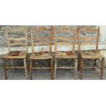 A set of four Edwardian stained beechwood dining/occasional chairs with carved cresting rails,