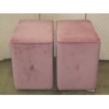 A pair of ex display contemporary buttoned lilac upholstered bedroom stools of rectangular form,