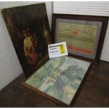 A collection of 19th century and later pictures and prints including oil painting on board of a stag