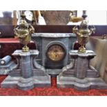 Impressive French grey marble, clock garniture, the central bow fronted clock with single train