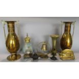 A mixed metalware lot to include a pair of aesthetic period brass twin handled vases, a bronze