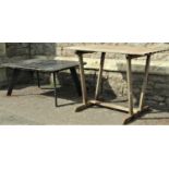 An unusual weathered Lister teak garden table, with rectangular slatted top, angular supports and