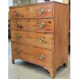 A 19th century pitch pine caddy top bedroom chest of four long graduated drawers, raised on