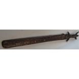 Ethnic sword, the steel blade with etched detail, with leather sheath, 61cm long