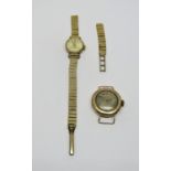 Two vintage 9ct ladies dress watches, one with no bracelet, the other bracelet (AF), 28.4 grams