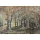 19th century British school - Study of an ancient cloister with heavy carved doors, distant figures,