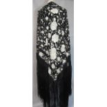 Large vintage Chinese shawl /piano shawl in black silk with wide fringe, embroidered in silvery