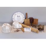 A collection of various vintage kitchenalia comprising marble boards, wooden rolling pins, enamel